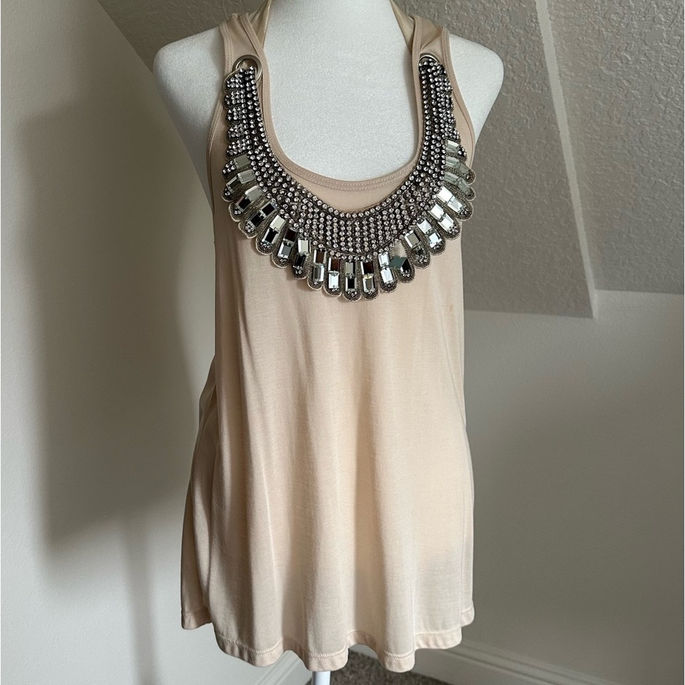Haute Hippie beaded bib removable tank Small Y2K Nude top sparkle holiday tunic